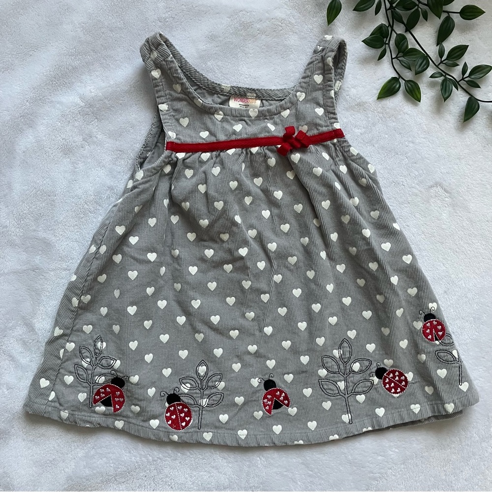 Wonderkids Toddler Dress 2T | Grey Corduroy Heart Ladybug GUC